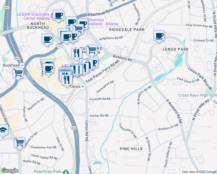 map of restaurants, bars, coffee shops, grocery stores, and more near 3299 Ferncliff Place Northeast in Atlanta