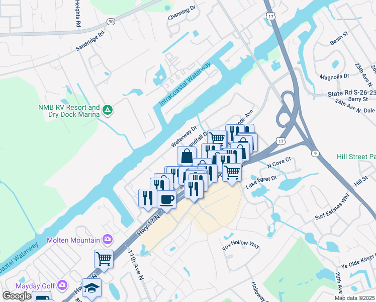 map of restaurants, bars, coffee shops, grocery stores, and more near 1354 Landfall Drive in North Myrtle Beach