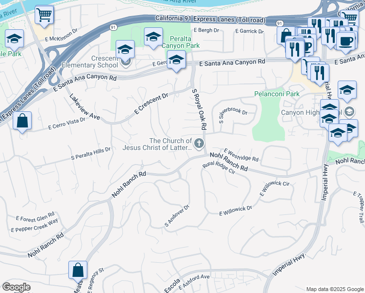 map of restaurants, bars, coffee shops, grocery stores, and more near 5215 East Rolling Hills Drive in Anaheim