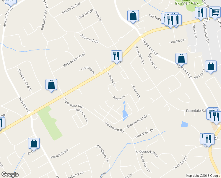 map of restaurants, bars, coffee shops, grocery stores, and more near 2070 Boone Place in Snellville
