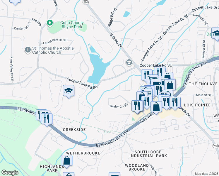 map of restaurants, bars, coffee shops, grocery stores, and more near 4429 Coopers Creek Drive Southeast in Smyrna
