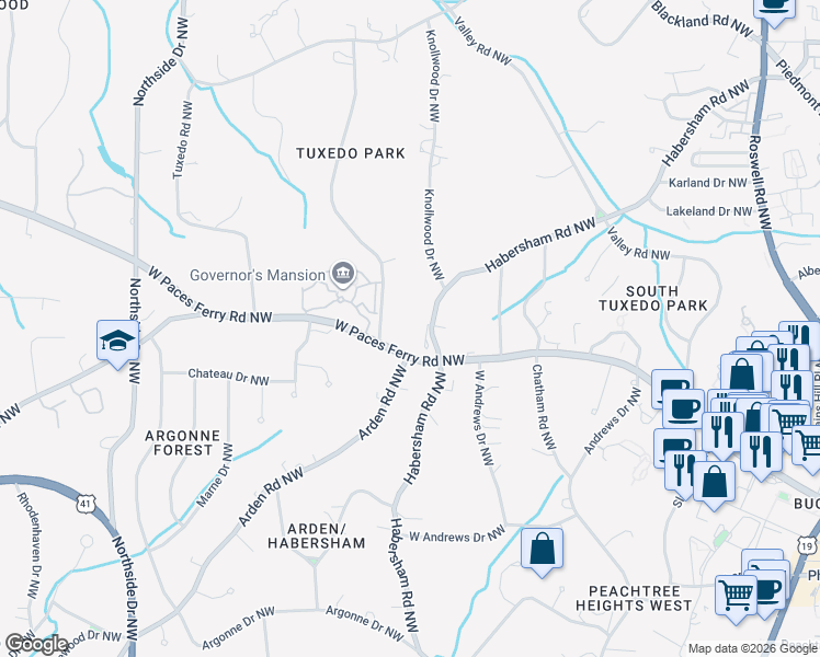 map of restaurants, bars, coffee shops, grocery stores, and more near 289 West Paces Ferry Road Northwest in Atlanta