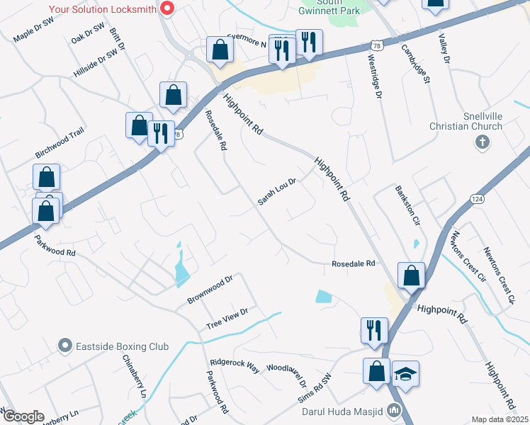 map of restaurants, bars, coffee shops, grocery stores, and more near 2346 Rosedale Road in Snellville