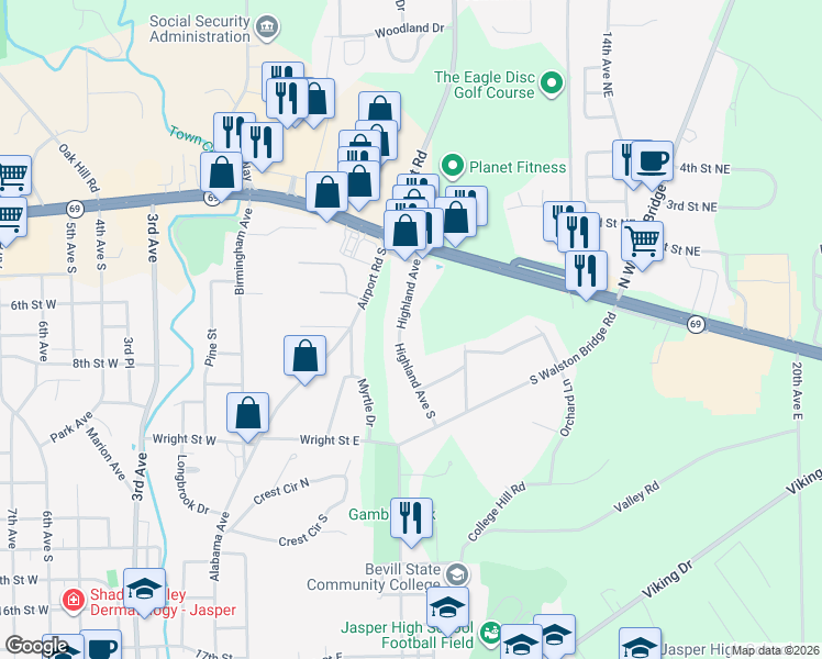 map of restaurants, bars, coffee shops, grocery stores, and more near 703 Highland Avenue South in Jasper