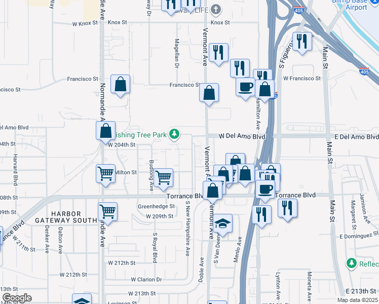 map of restaurants, bars, coffee shops, grocery stores, and more near 20417 South New Hampshire Avenue in Torrance