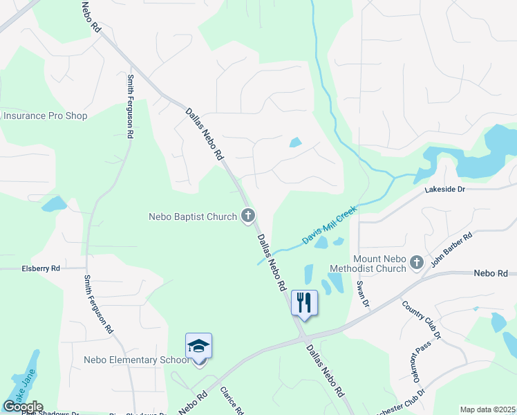 map of restaurants, bars, coffee shops, grocery stores, and more near 1095 Dallas Nebo Road in Dallas