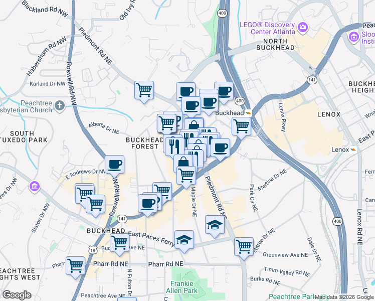 map of restaurants, bars, coffee shops, grocery stores, and more near 3314 Piedmont Road Northeast in Atlanta