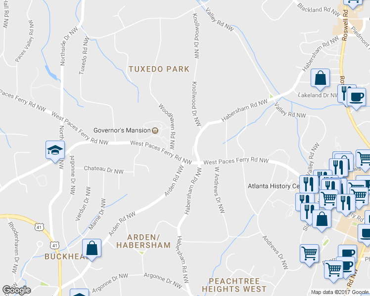 map of restaurants, bars, coffee shops, grocery stores, and more near 289 West Paces Ferry Road Northwest in Atlanta