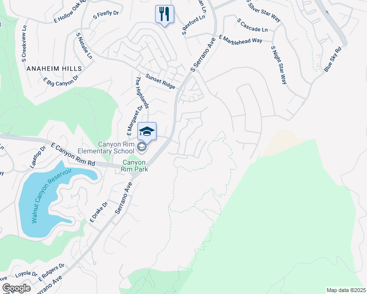 map of restaurants, bars, coffee shops, grocery stores, and more near 1085 South Sundance Drive in Anaheim