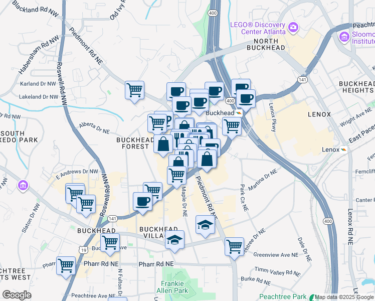 map of restaurants, bars, coffee shops, grocery stores, and more near 3314 Piedmont Road in Atlanta