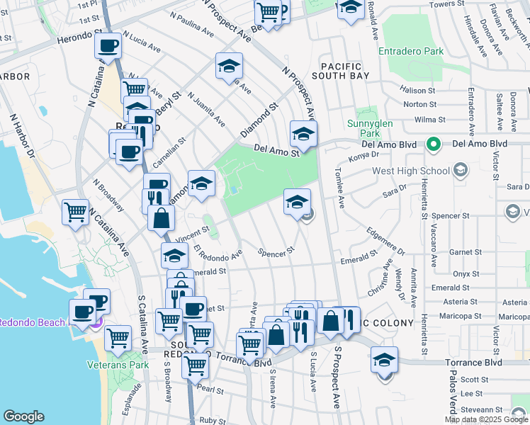 map of restaurants, bars, coffee shops, grocery stores, and more near 239 North Juanita Avenue in Redondo Beach