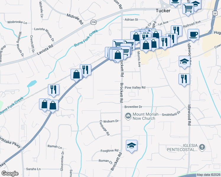 map of restaurants, bars, coffee shops, grocery stores, and more near 3998 Brockett Walk in Tucker