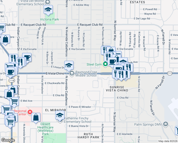 map of restaurants, bars, coffee shops, grocery stores, and more near 1360 East Vista Chino in Palm Springs