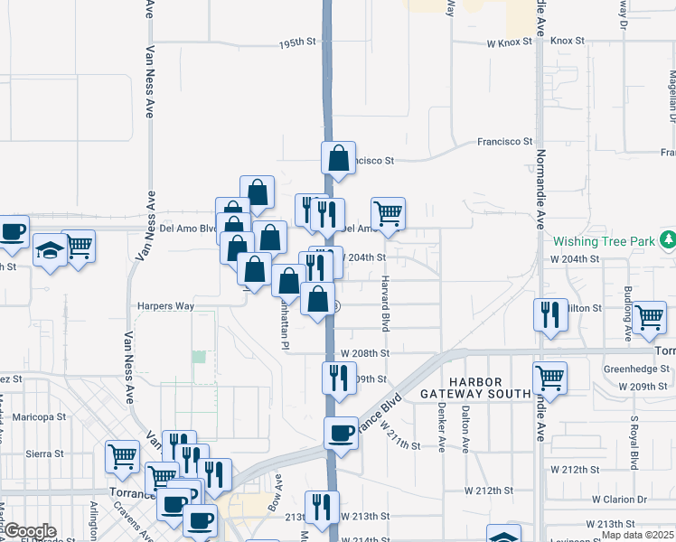 map of restaurants, bars, coffee shops, grocery stores, and more near 20414 South Western Avenue in Torrance