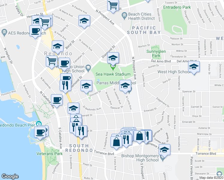 map of restaurants, bars, coffee shops, grocery stores, and more near 239 North Juanita Avenue in Redondo Beach