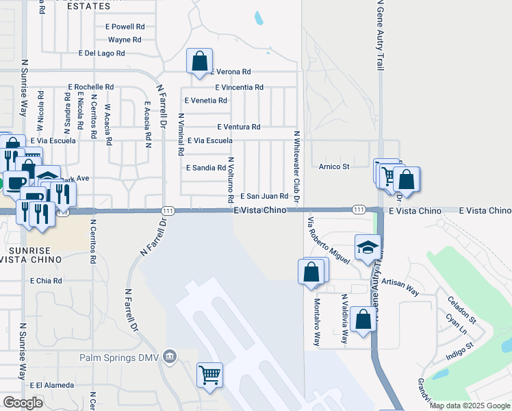 map of restaurants, bars, coffee shops, grocery stores, and more near 3036 East Vista Chino in Palm Springs