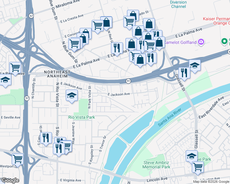 map of restaurants, bars, coffee shops, grocery stores, and more near 2944 East Frontera Street in Anaheim
