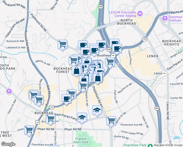 map of restaurants, bars, coffee shops, grocery stores, and more near 3325 Piedmont Road Northeast in Atlanta