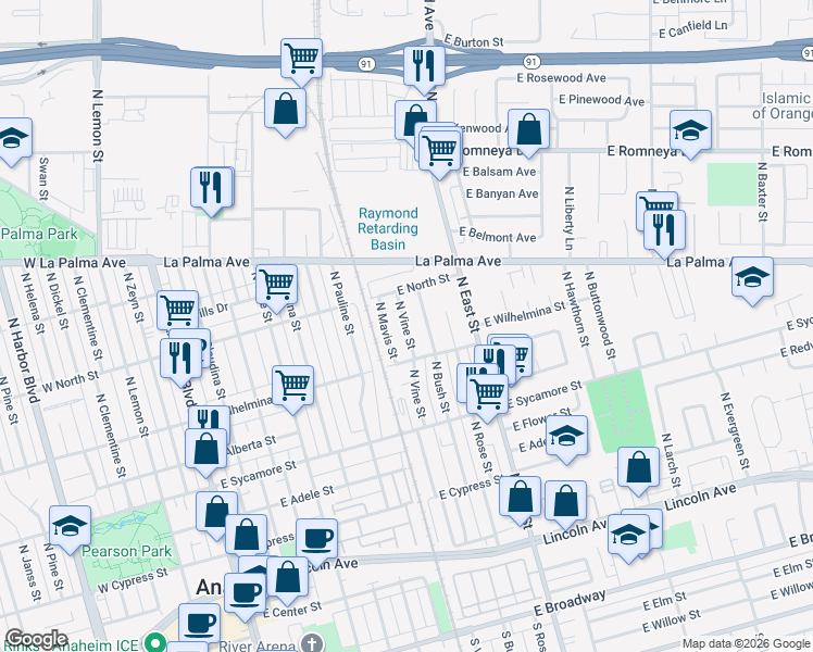 map of restaurants, bars, coffee shops, grocery stores, and more near 2 North Vine Street in Anaheim