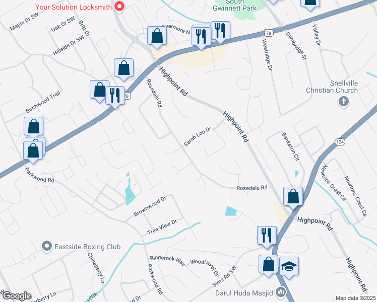map of restaurants, bars, coffee shops, grocery stores, and more near 2344 Rosedale Road in Snellville