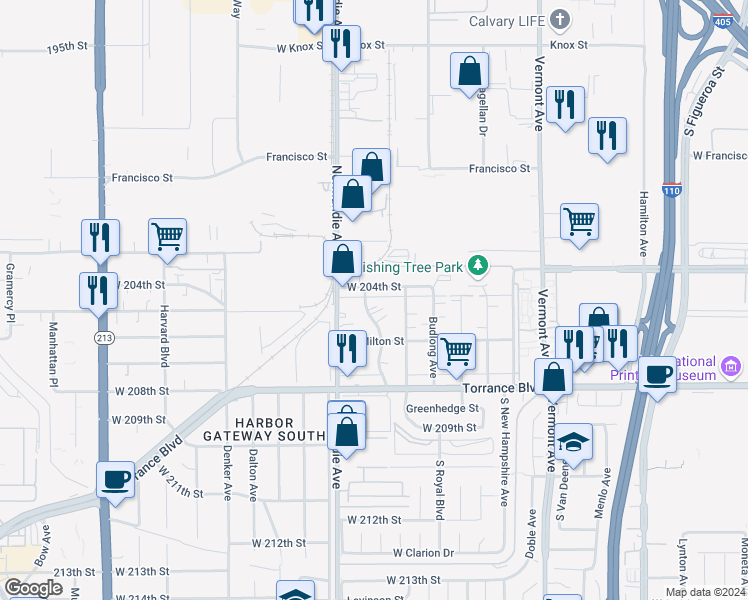 map of restaurants, bars, coffee shops, grocery stores, and more near 20414 Kenwood Avenue in Torrance