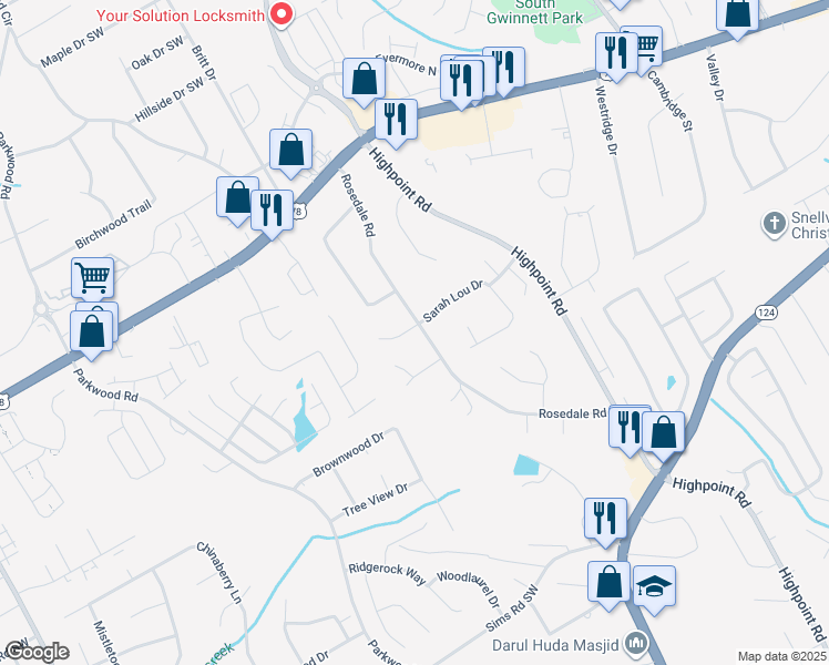 map of restaurants, bars, coffee shops, grocery stores, and more near 2337 Rosedale Road in Snellville