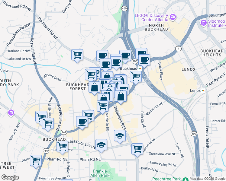 map of restaurants, bars, coffee shops, grocery stores, and more near 3325 Piedmont Road Northeast in Atlanta