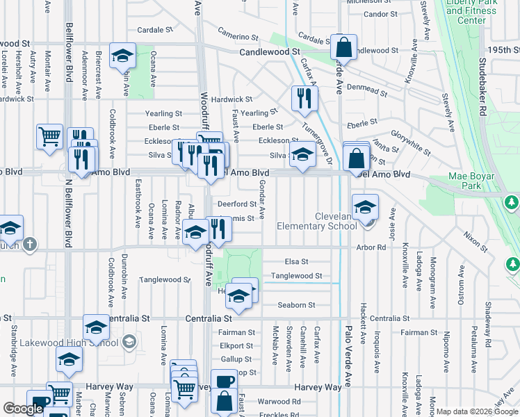 map of restaurants, bars, coffee shops, grocery stores, and more near 6038 Deerford Street in Lakewood