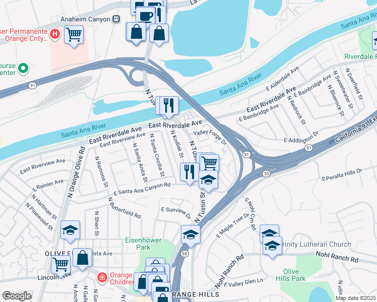 map of restaurants, bars, coffee shops, grocery stores, and more near 307 North Tustin Avenue in Anaheim