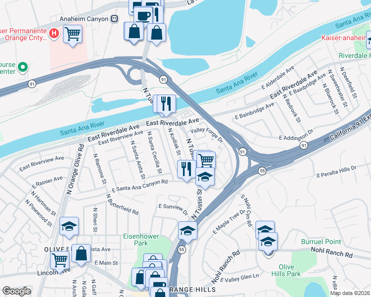map of restaurants, bars, coffee shops, grocery stores, and more near 307 North Tustin Avenue in Anaheim