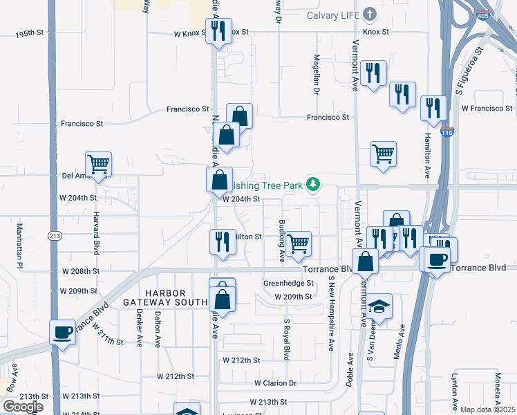 map of restaurants, bars, coffee shops, grocery stores, and more near 20413 Raymond Avenue in Torrance