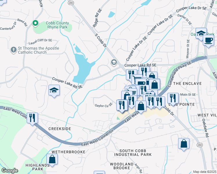 map of restaurants, bars, coffee shops, grocery stores, and more near 4413 Coopers Creek Drive Southeast in Smyrna