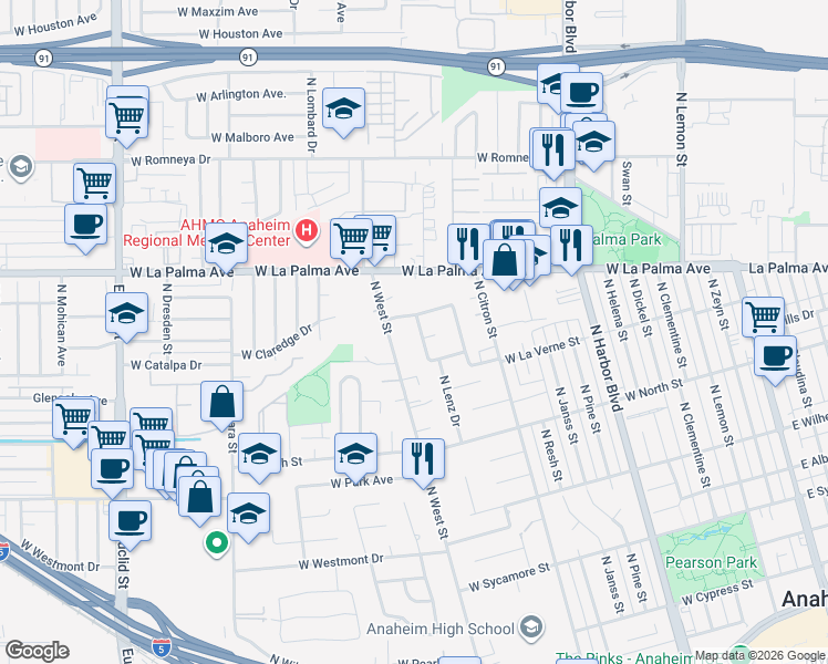 map of restaurants, bars, coffee shops, grocery stores, and more near 945 North Summer Street in Anaheim