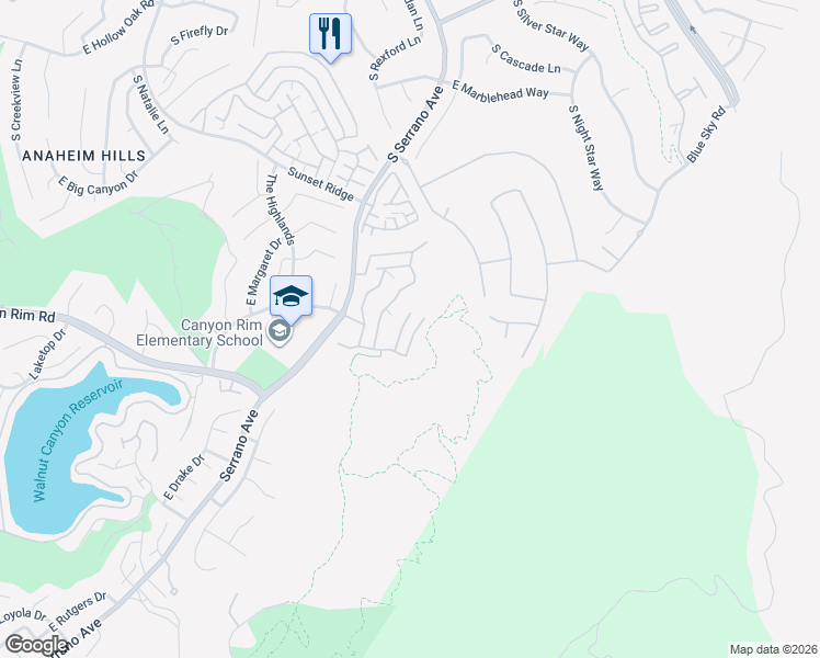 map of restaurants, bars, coffee shops, grocery stores, and more near 1041 South Daybreak Court in Anaheim