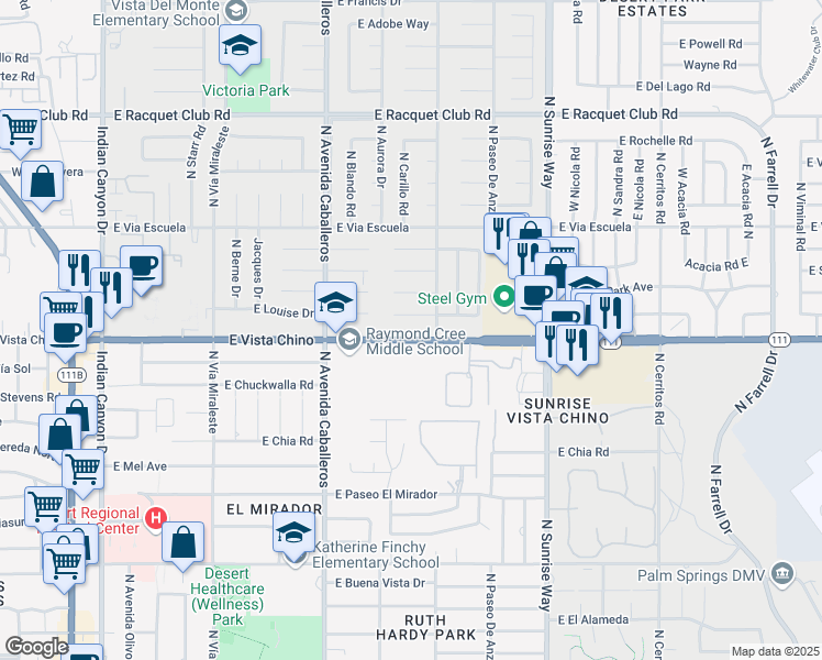 map of restaurants, bars, coffee shops, grocery stores, and more near 1310 East Vista Chino in Palm Springs