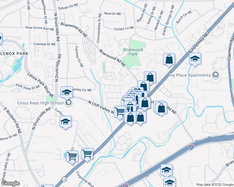 map of restaurants, bars, coffee shops, grocery stores, and more near 2069 Coosawattee Drive Northeast in Atlanta