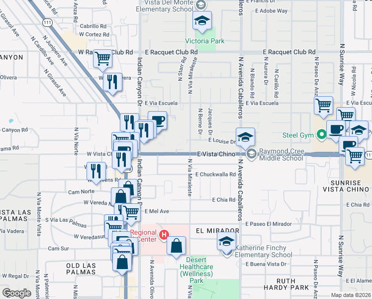 map of restaurants, bars, coffee shops, grocery stores, and more near 600 East Cottonwood Road in Palm Springs