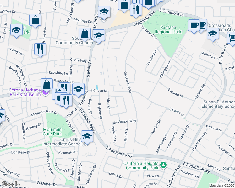 map of restaurants, bars, coffee shops, grocery stores, and more near 2946 Everest Way in Corona