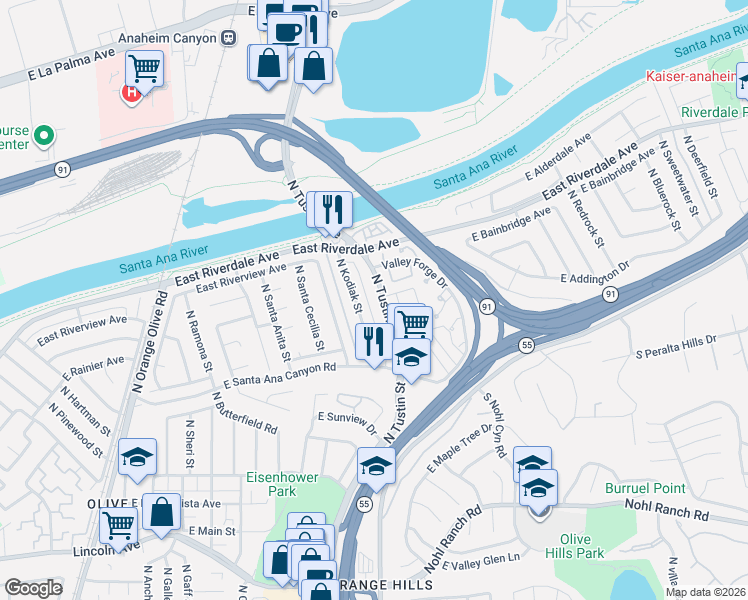 map of restaurants, bars, coffee shops, grocery stores, and more near 217 North Tustin Avenue in Anaheim