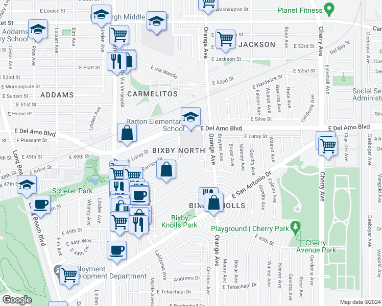 map of restaurants, bars, coffee shops, grocery stores, and more near 1112 East Ridgewood Street in Long Beach