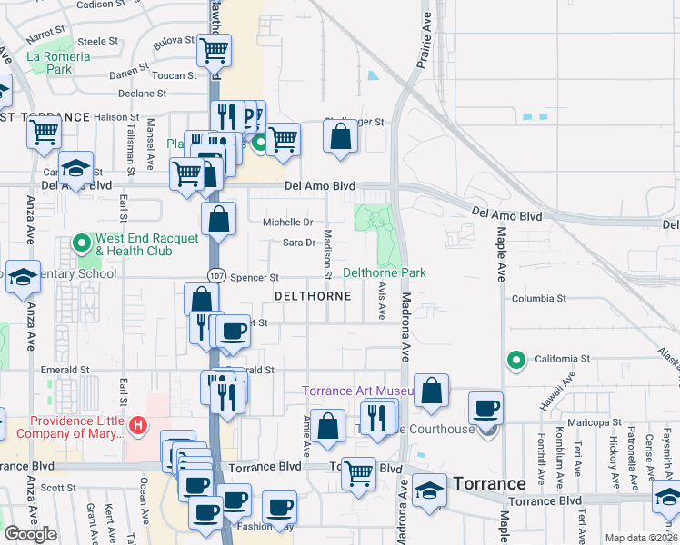 map of restaurants, bars, coffee shops, grocery stores, and more near in Torrance