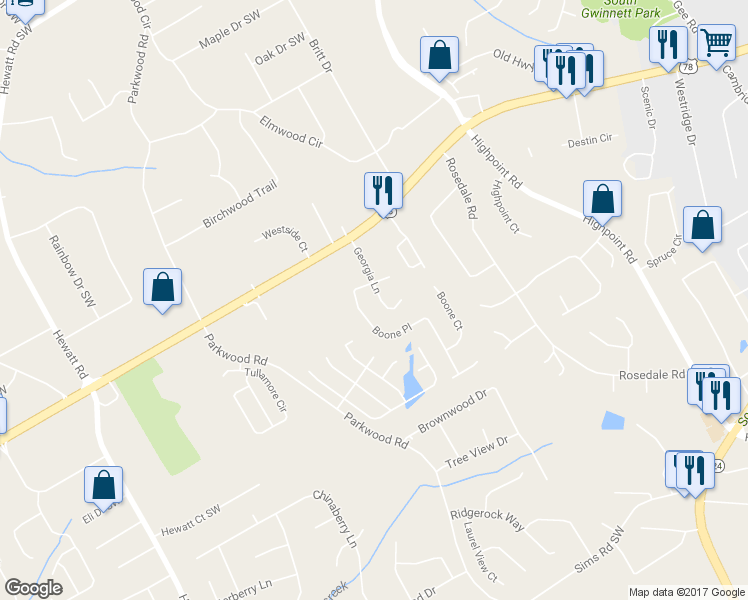 map of restaurants, bars, coffee shops, grocery stores, and more near 2291 Georgia Lane in Snellville
