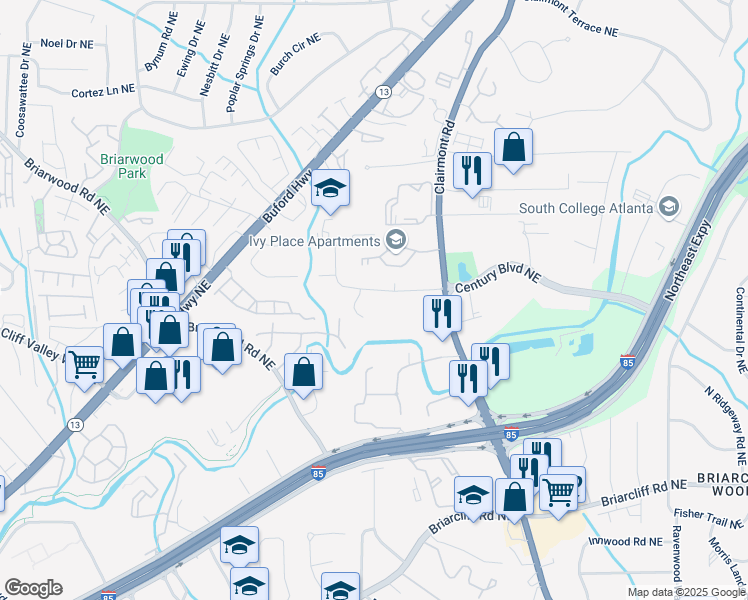 map of restaurants, bars, coffee shops, grocery stores, and more near 1721 Clairmont Way Northeast in Atlanta