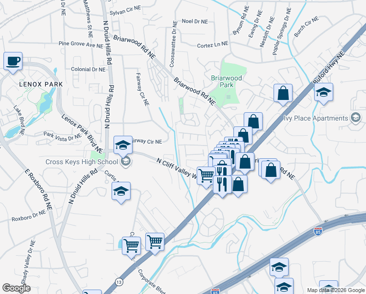 map of restaurants, bars, coffee shops, grocery stores, and more near 1348 North Cliff Valley Way Northeast in Atlanta