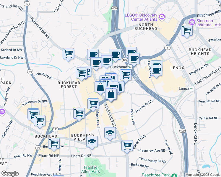 map of restaurants, bars, coffee shops, grocery stores, and more near 3280 Peachtree Road Northeast in Atlanta