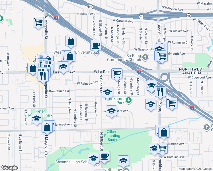 map of restaurants, bars, coffee shops, grocery stores, and more near 2380 West Hansen Street in Anaheim