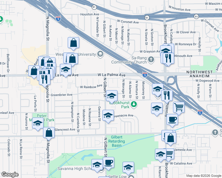 map of restaurants, bars, coffee shops, grocery stores, and more near 2380 West Hansen Street in Anaheim