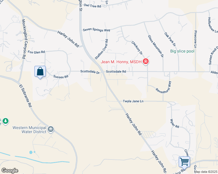 map of restaurants, bars, coffee shops, grocery stores, and more near Harley John Road in Riverside County