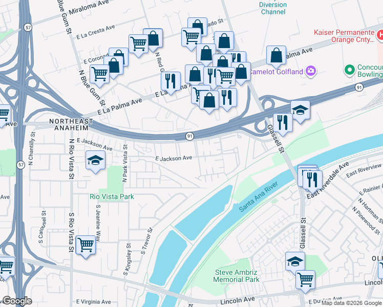 map of restaurants, bars, coffee shops, grocery stores, and more near 2965 East Jackson Avenue in Anaheim
