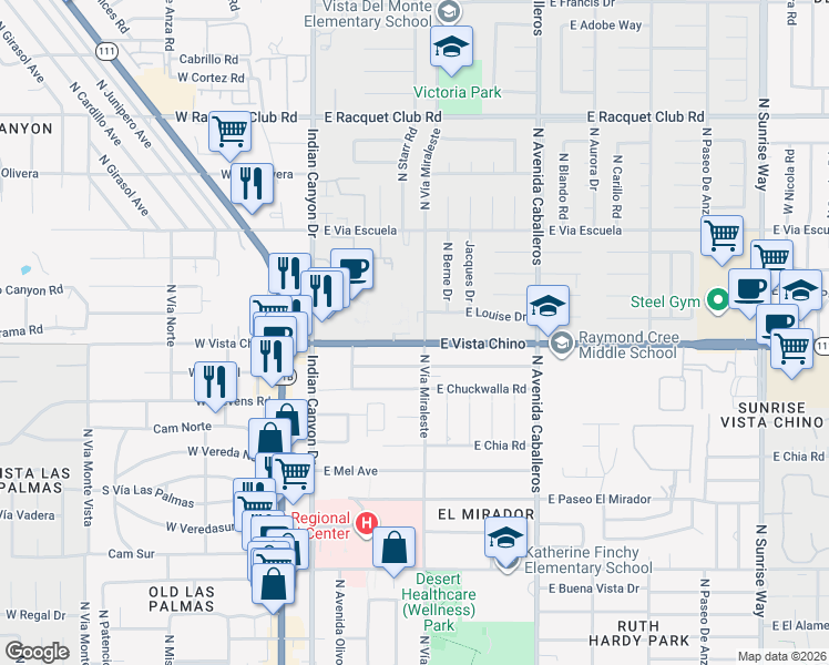 map of restaurants, bars, coffee shops, grocery stores, and more near 600 East Cottonwood Road in Palm Springs